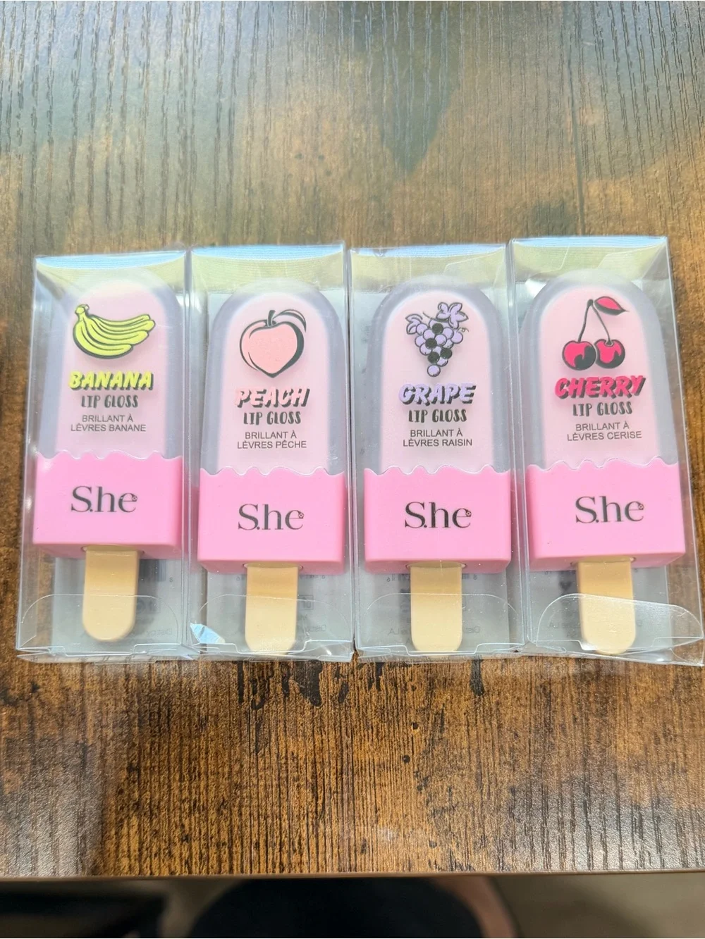 She Makeup Popsicle Lip Gloss Set - Banana, Peach, Grape, Cherry
